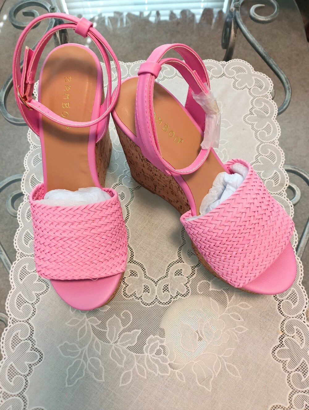 NIB Bamboo Bubblegum Pink Ankle Strap Wedges (7)